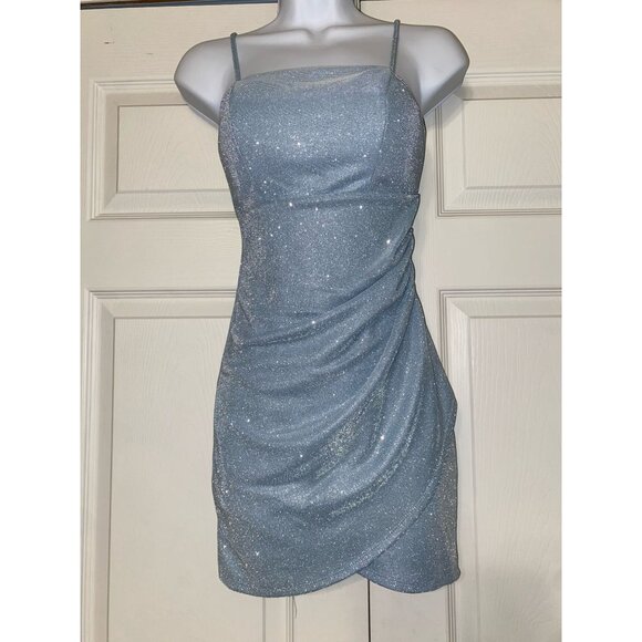 Sparkling Silver Glitter Mini Dress With Spaghetti Straps - Picture 1 of 9
